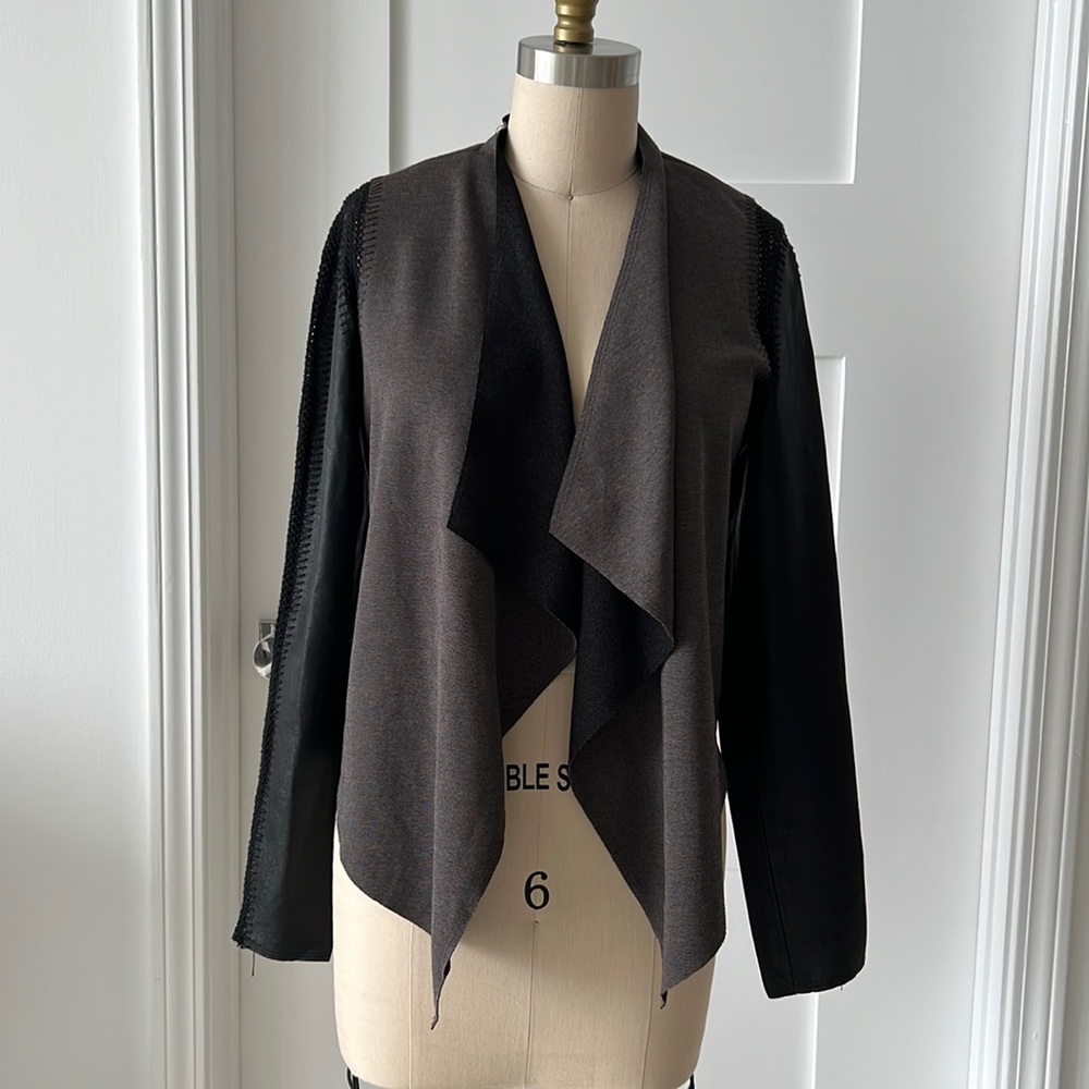 Stella & Jamie Drape Front Jacket with Faux Leather and crochet sleeves Small